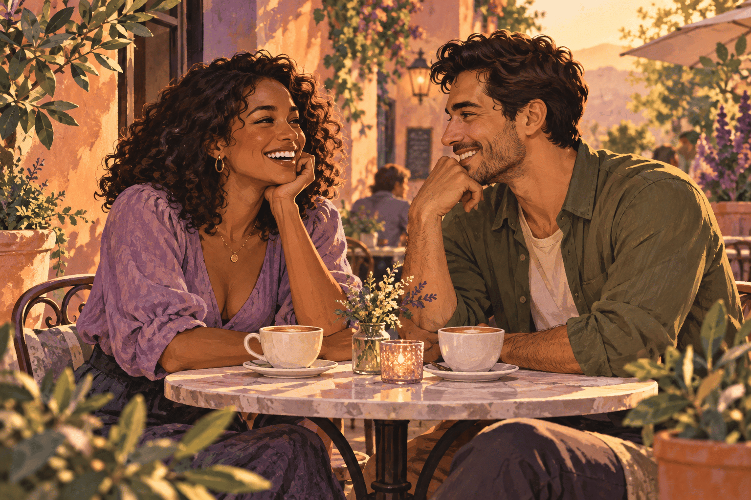 Illustration of a couple enjoying their first date at a sunlit outdoor café