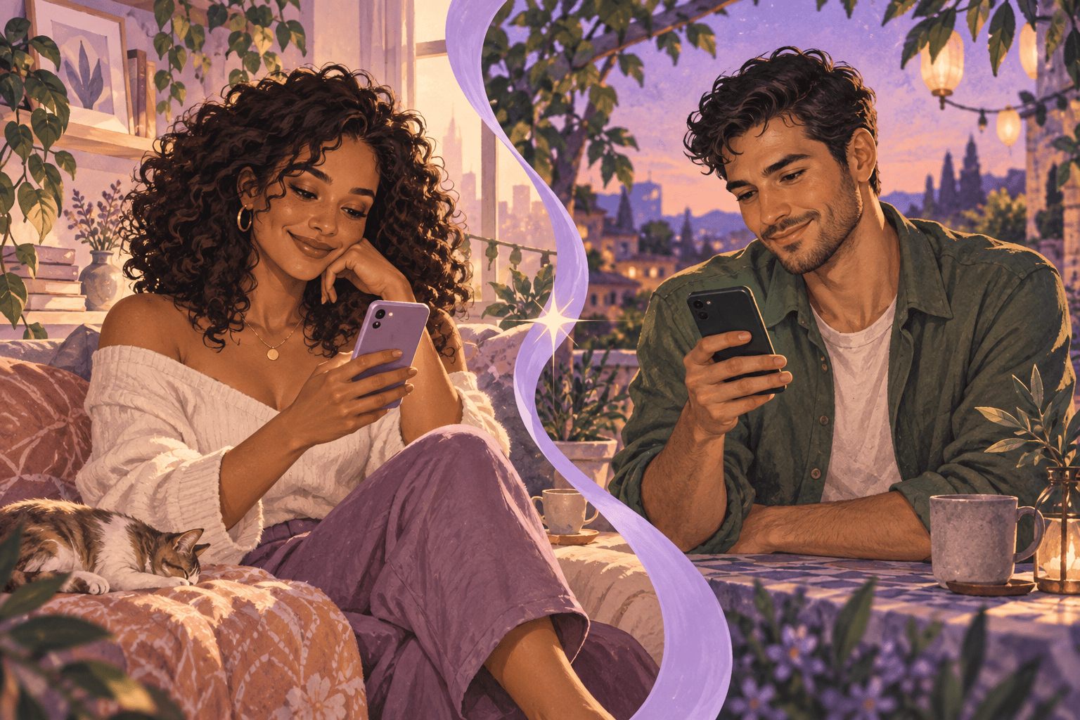 Illustration of two adults smiling at their phones in separate spaces, discovering a new connection