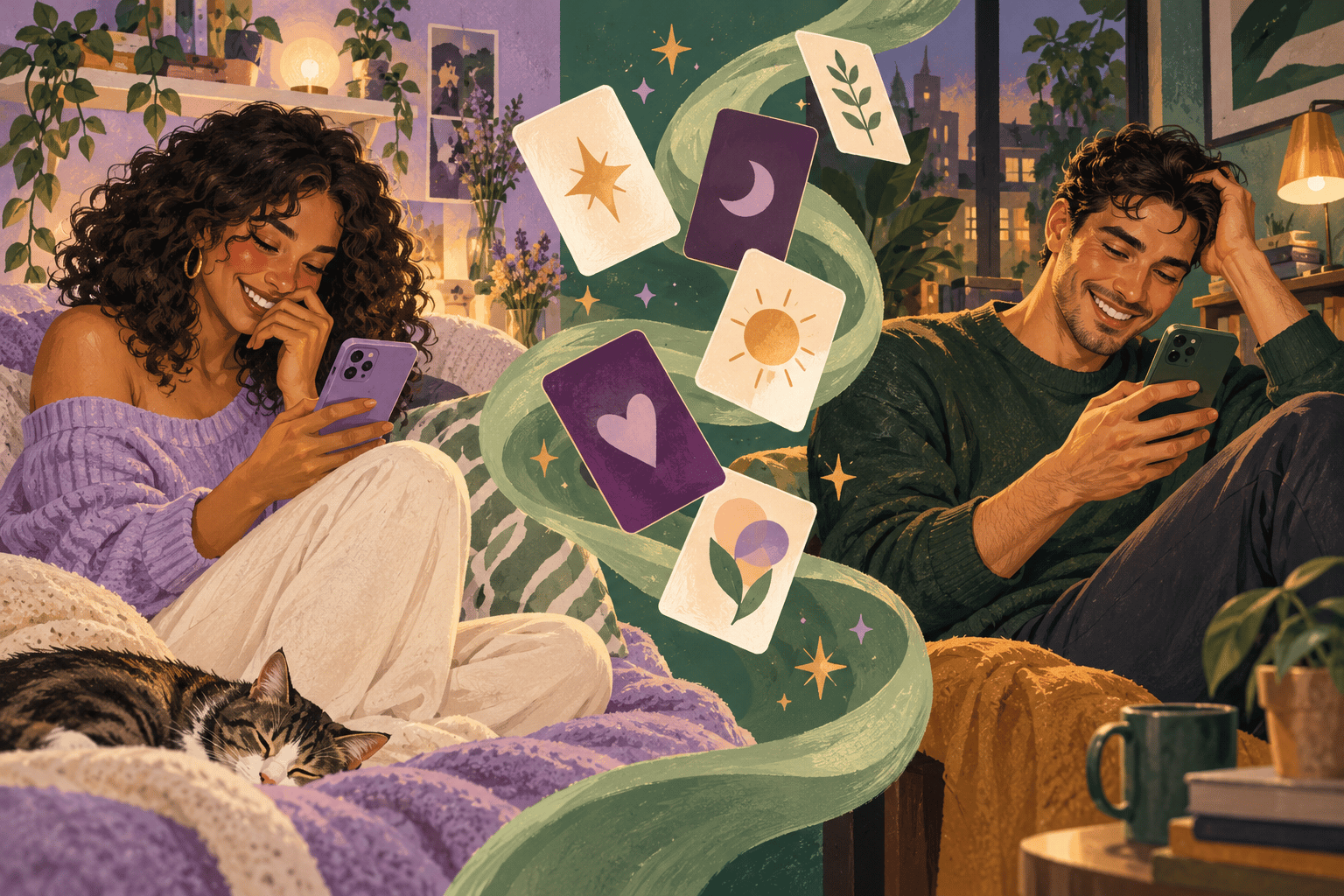 Illustration of two adults laughing while playing on their phones, with colourful game cards between them